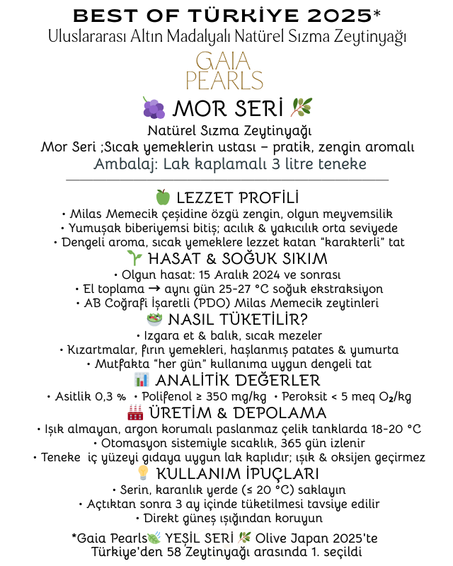 Gaia Pearls Mor Seri - Olgun Hasat Soğuk Sıkım Natürel Sızma Zeytinyağı 3 Lt