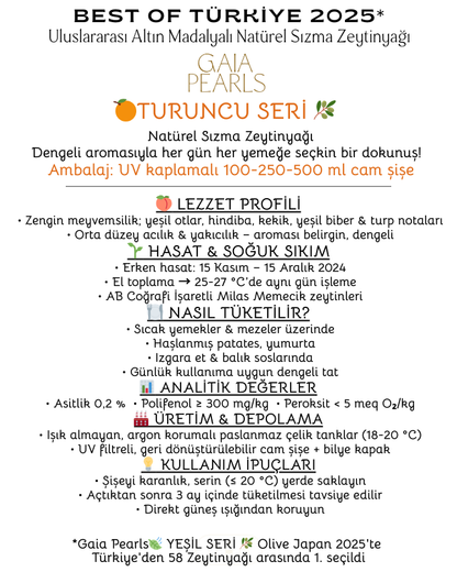 Gaia Pearls Turuncu Seri - Erken Hasat Soğuk Sıkım Natürel Sızma Zeytinyağı